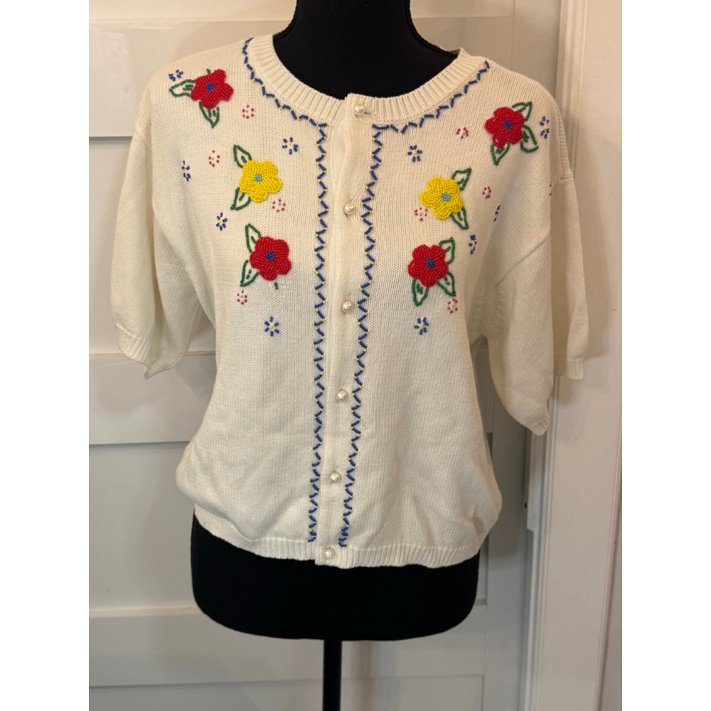 Vintage Liz Wear Beaded Floral Cardigan Sweater Pearl Buttons Cotton Size S